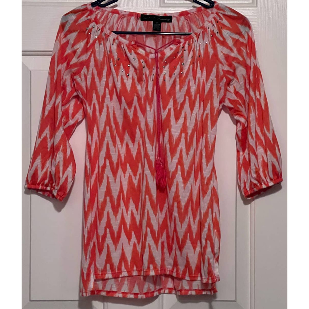 French Laundry Junior's/Women's Orange White 3/4" Sleeves Cold Shoulder Size S